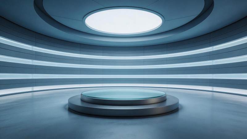 未来感圆形展台与环形灯带室内空间图片