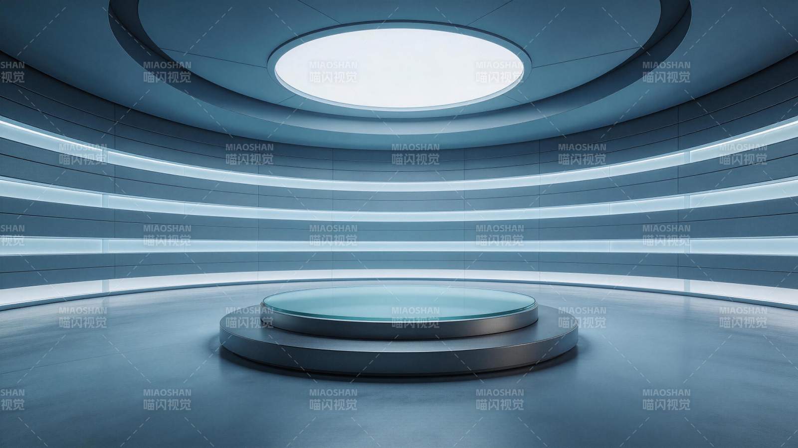 未来感圆形展台与环形灯带室内空间图片