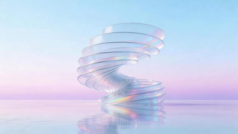 螺旋状透明玻璃结构置于渐变水面之上图片