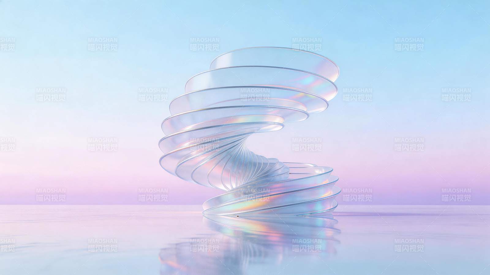 螺旋状透明玻璃结构置于渐变水面之上图片