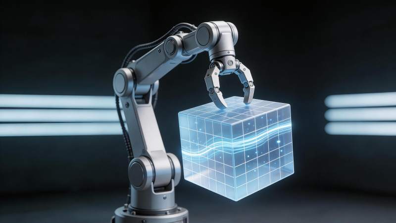 机械臂抓取发光网格立方体展示科技感图片