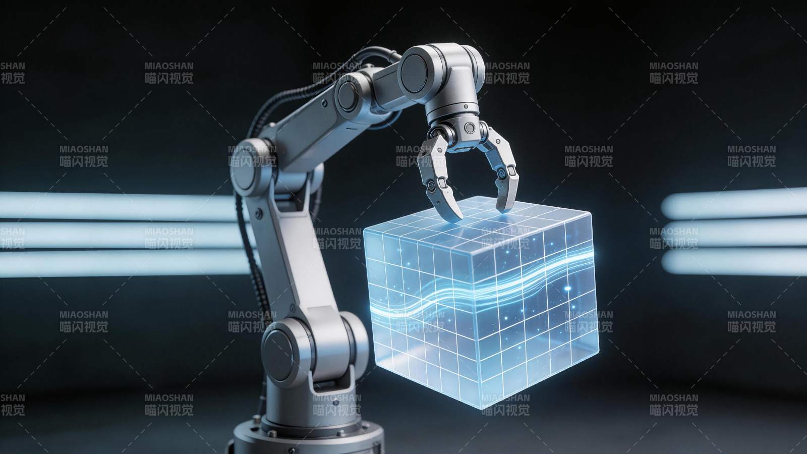 机械臂抓取发光网格立方体展示科技感图片