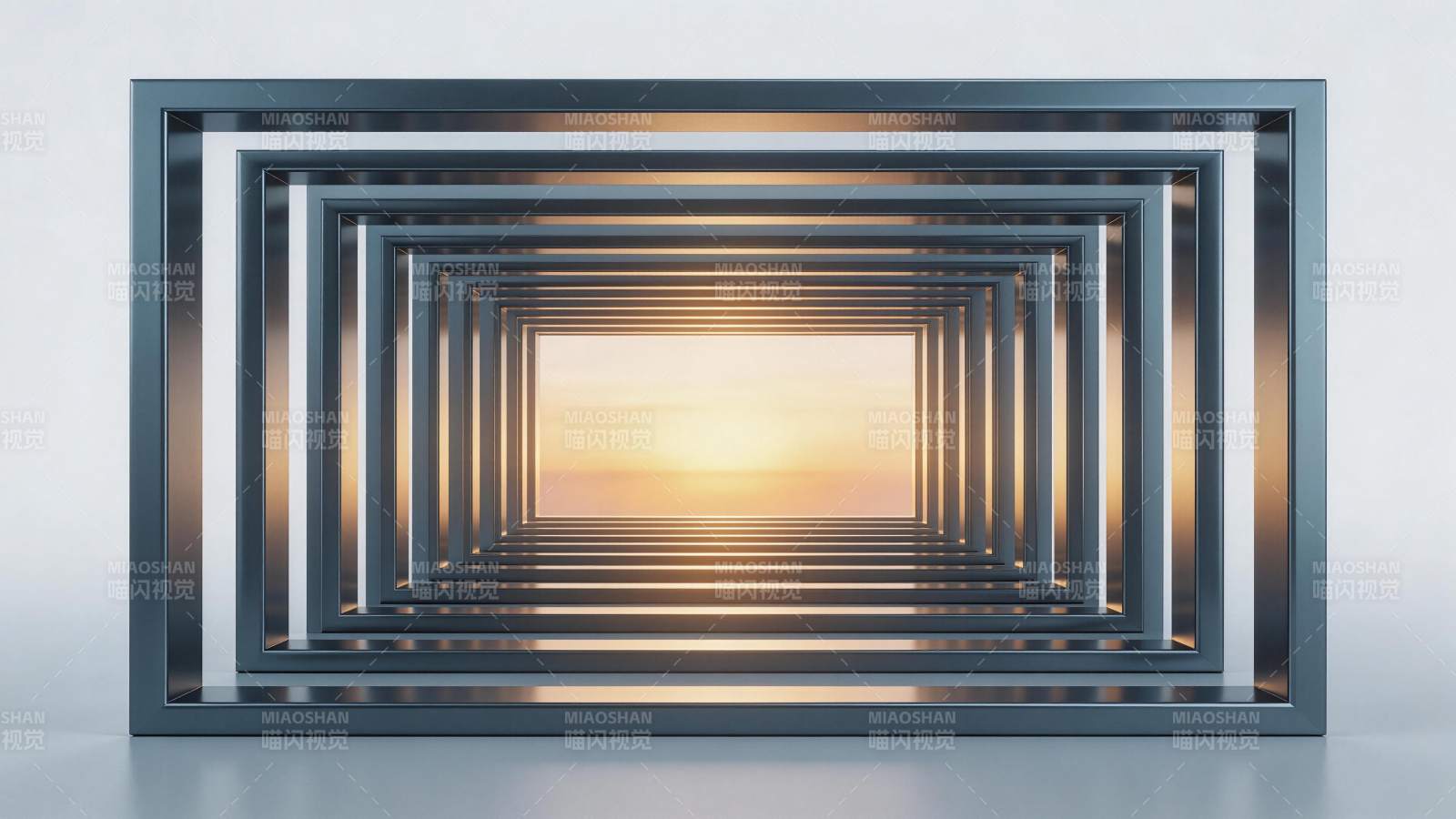 金属框架构成的透视通道通向日落景象图片