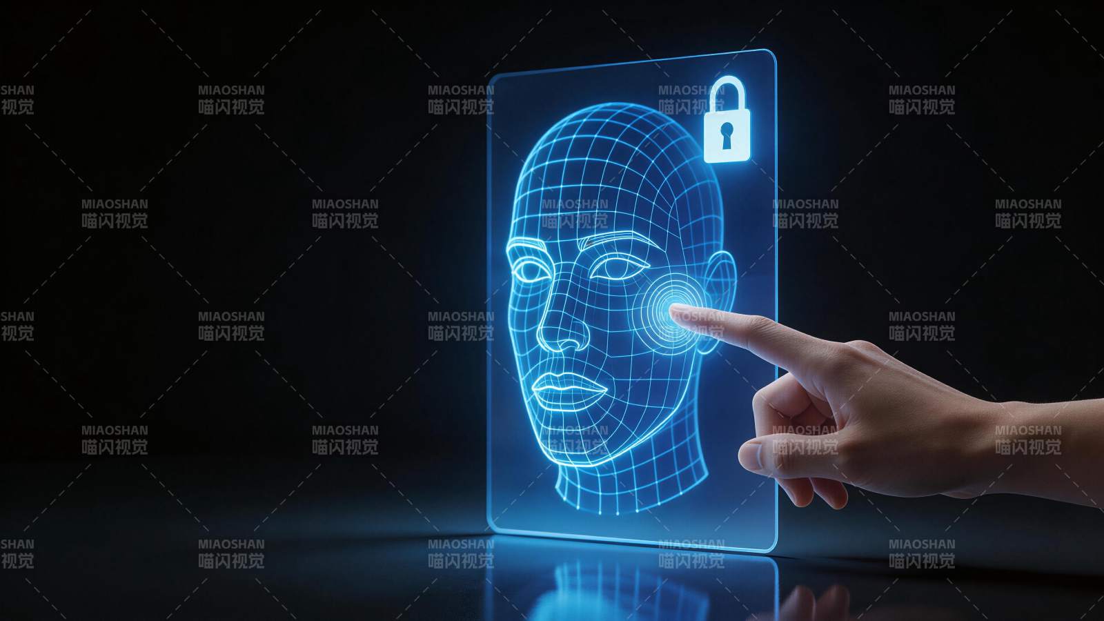 手指触碰全息人脸识别界面进行身份验证图片