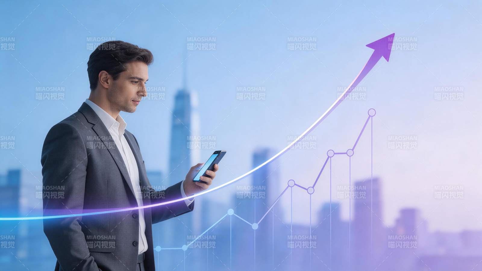 商务男士手持手机查看上升趋势图表图片
