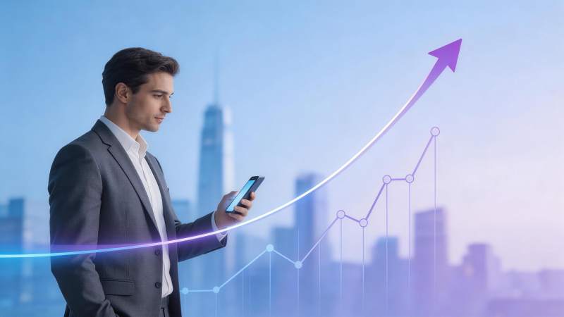 商务男士手持手机查看上升趋势图表图片