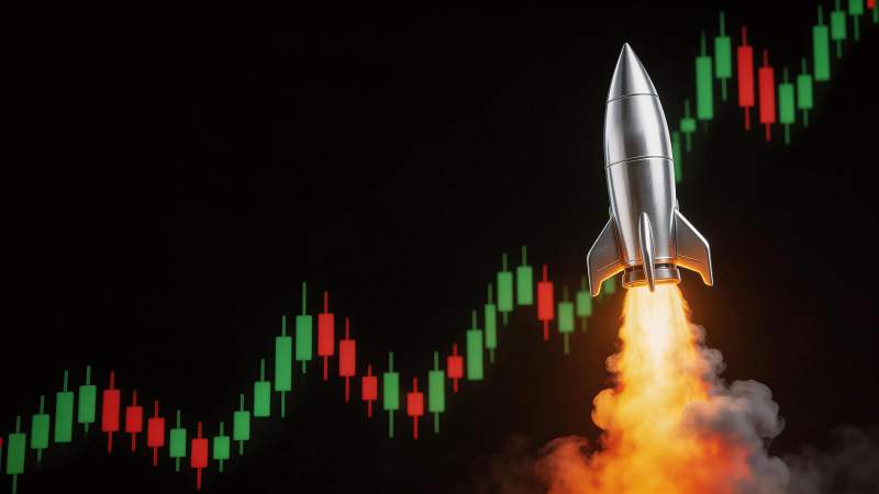 火箭升空伴随股票K线图上涨趋势图片