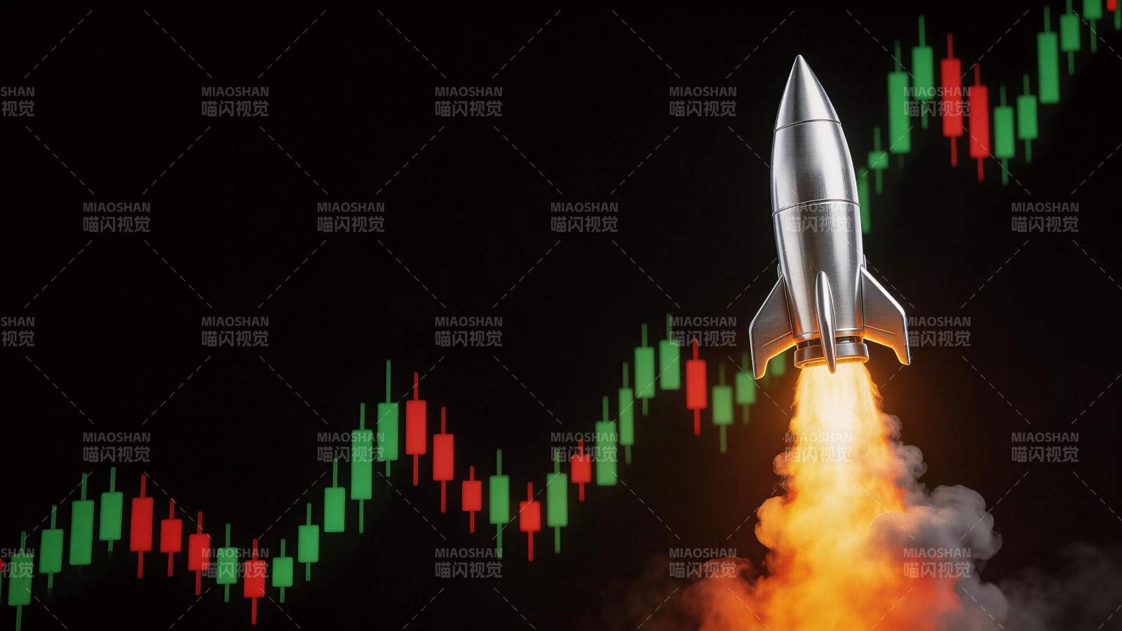 火箭升空伴随股票K线图上涨趋势图片