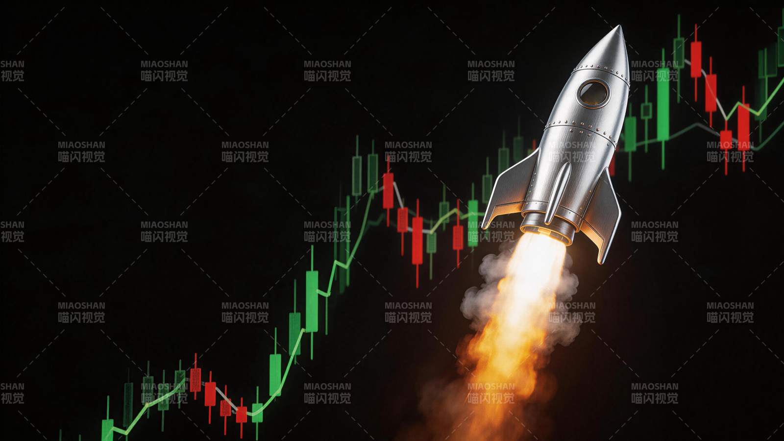 火箭升空伴随股票K线图上涨趋势图片