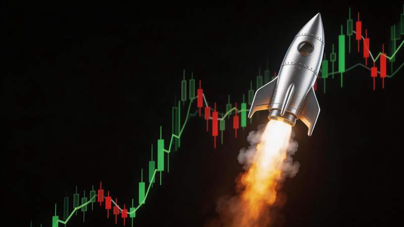 火箭升空伴随股票K线图上涨趋势图片