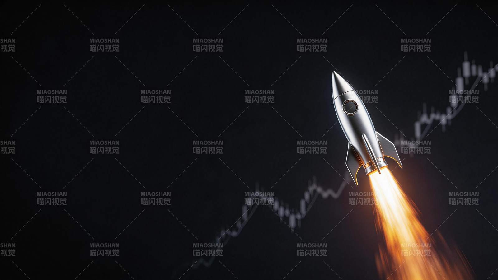 银色火箭喷火升空伴随上升曲线图图片