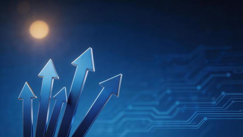 蓝色金属箭头指向电路板背景科技图图片