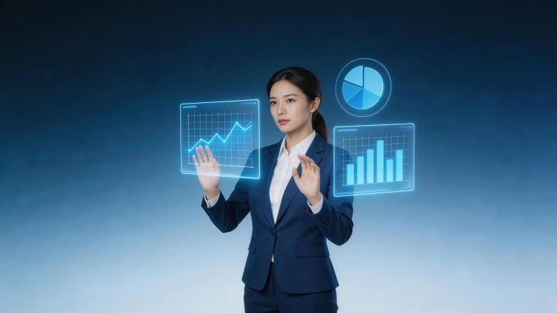 女性商务人士操作全息数据图表界面图片
