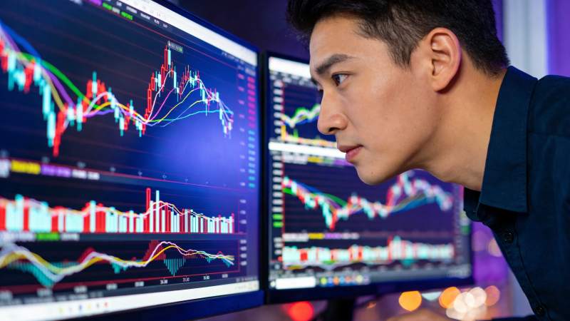 男子专注观看双屏金融数据图表分析图片