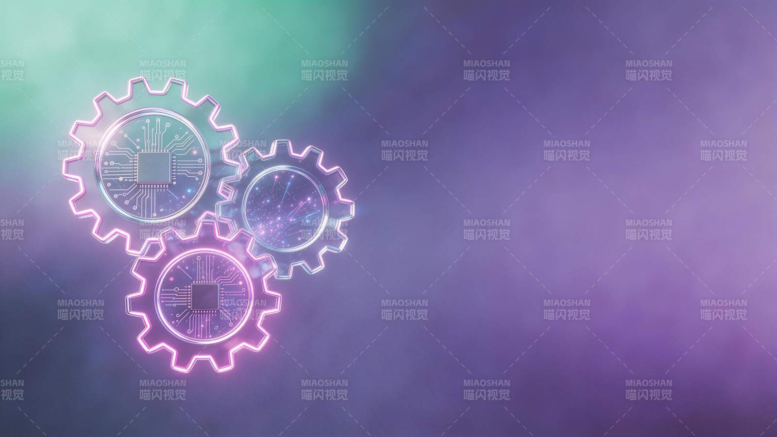 三个发光齿轮嵌入电路芯片的科技合成图图片