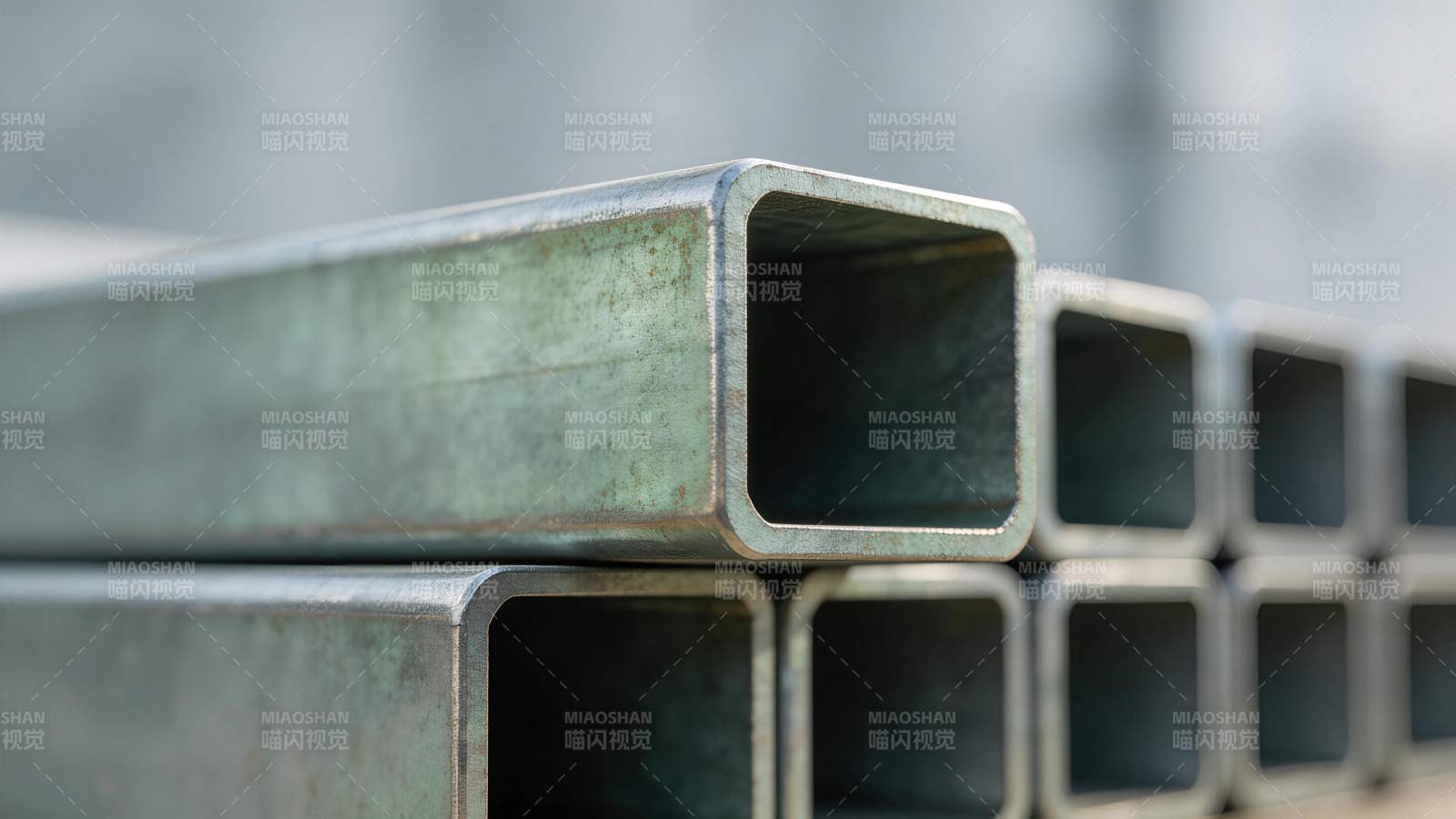 堆叠的矩形金属管材特写展示图片