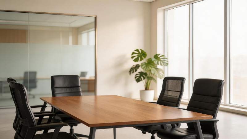 现代办公室会议桌与黑色办公椅组合场景图片