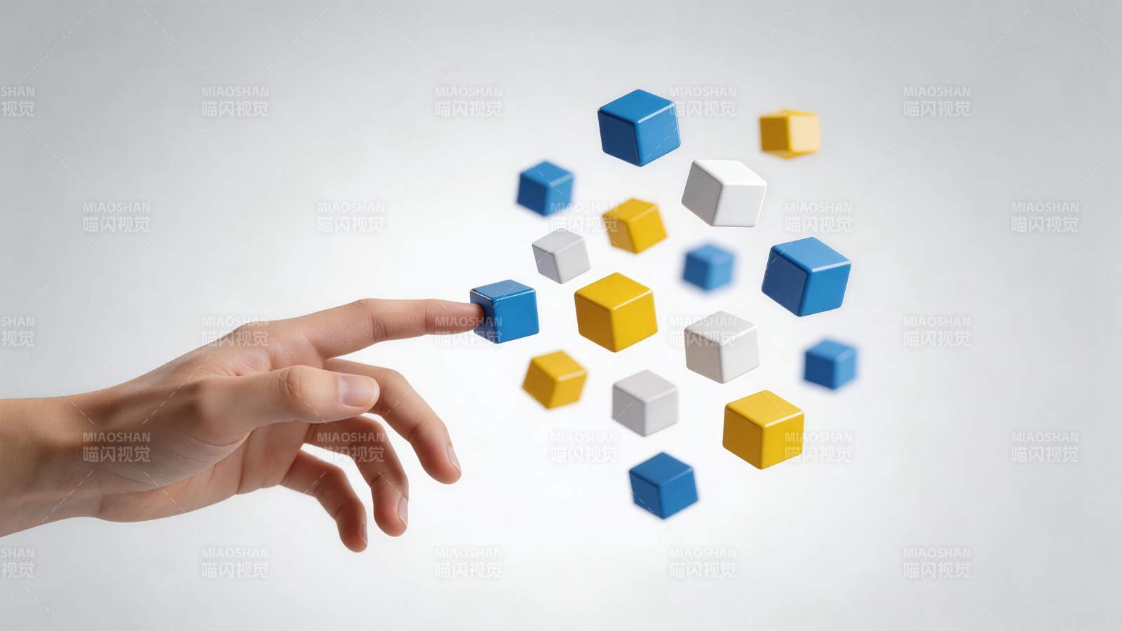 手指触碰悬浮彩色立方体构成动态几何场景图片