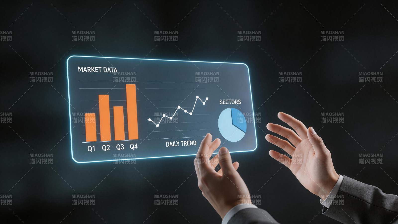 双手操作悬浮市场数据全息图表界面图片