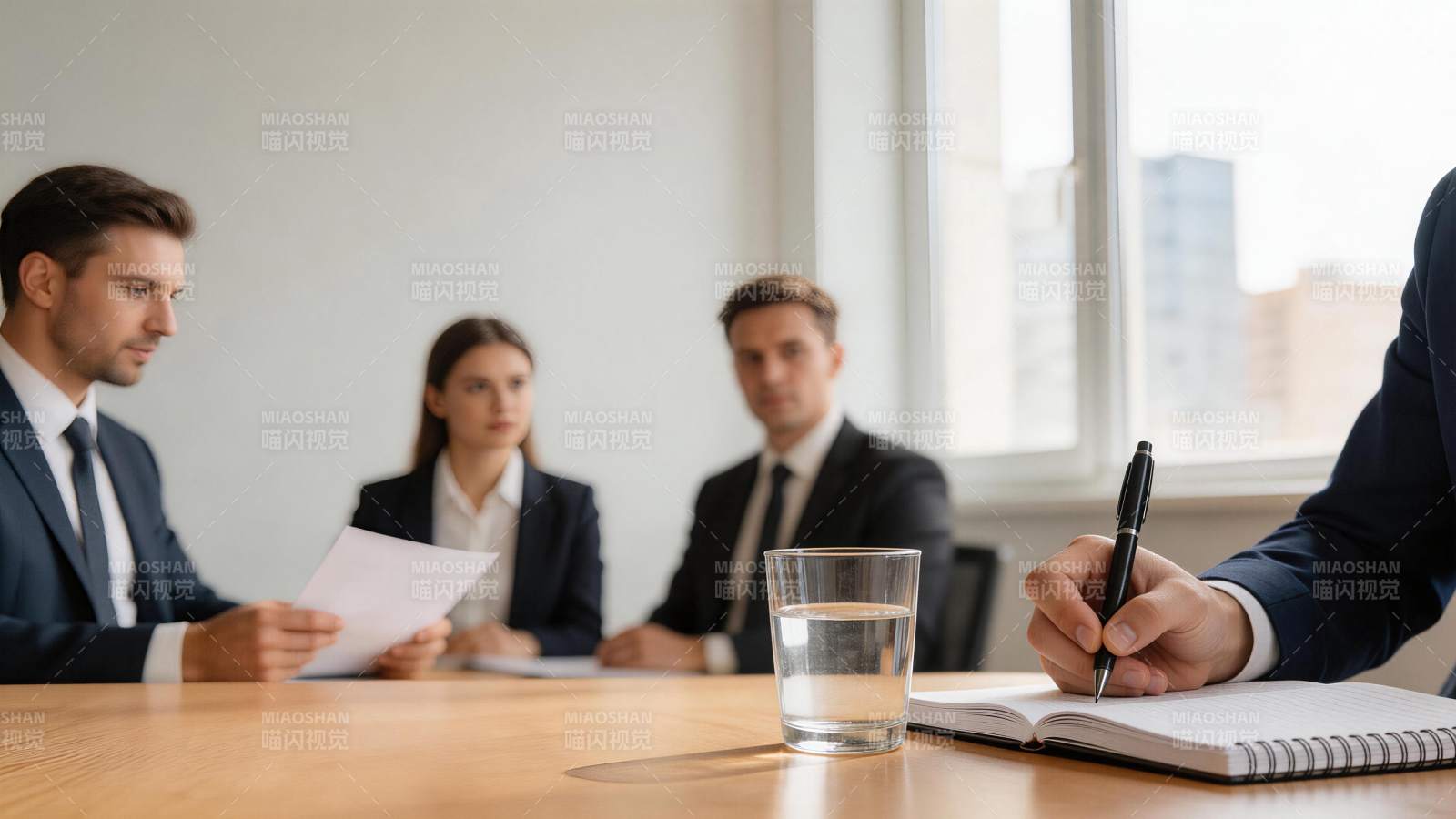 商务会议中多人围坐桌前讨论文件图片