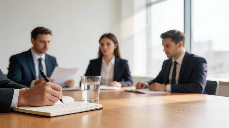 商务人士在会议室中进行文件审阅与记录图片