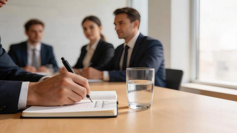 商务会议中人员记录笔记与讨论场景图片