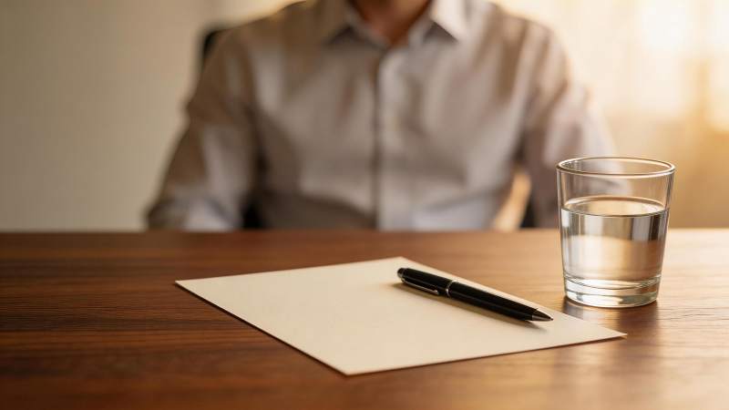 木质桌面上的纸张钢笔与水杯及背景人物图片