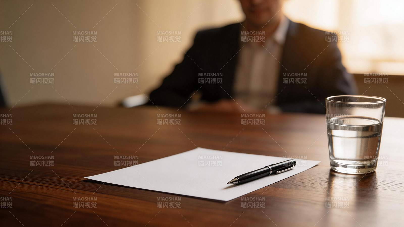 木质桌面上的白纸黑笔与水杯及背景人物图片