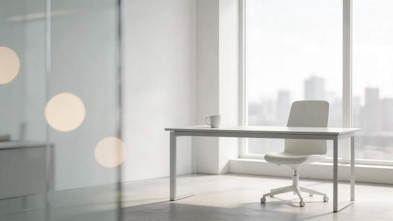 现代办公室内白色桌椅与城市窗景图片