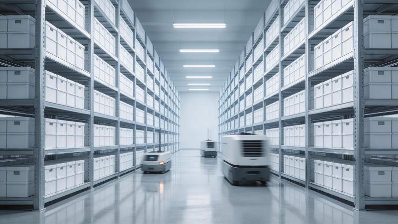 自动化仓库内移动机器人在货架通道中运行图片