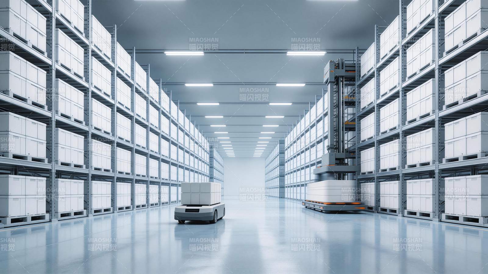 自动化立体仓库内AGV搬运货物作业场景图片