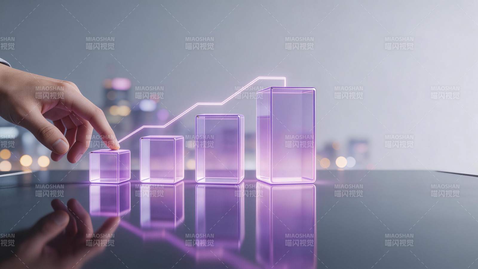 手触紫色渐变柱状图与上升折线趋势图片