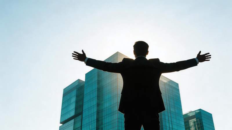 西装男子背对镜头张开双臂面对高楼图片