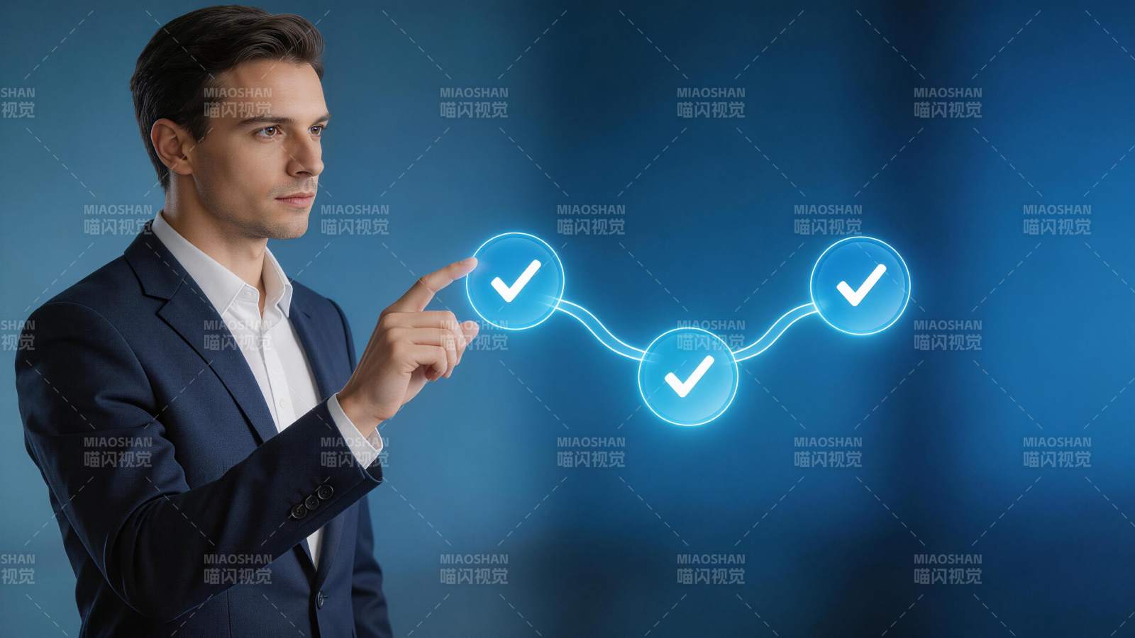 商务男士触碰虚拟流程确认图标图片