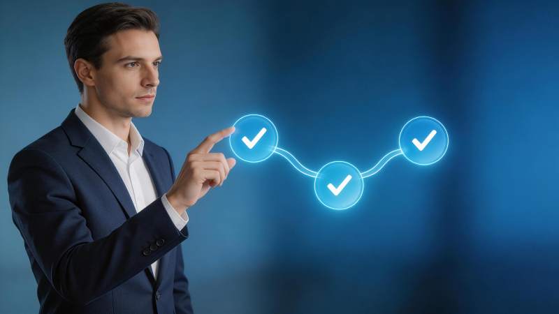 商务男士触碰虚拟流程确认图标图片