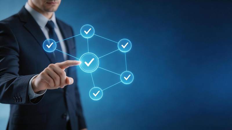 商务人士触控蓝色网络验证节点界面图片