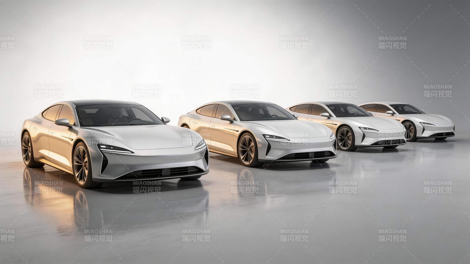 四辆银色流线型电动轿车并排展示图片