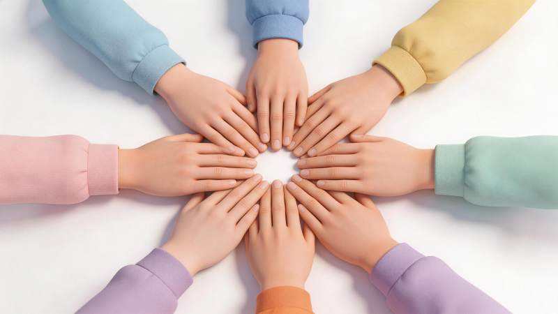 八只不同颜色衣袖的手围成一圈中心留白图片