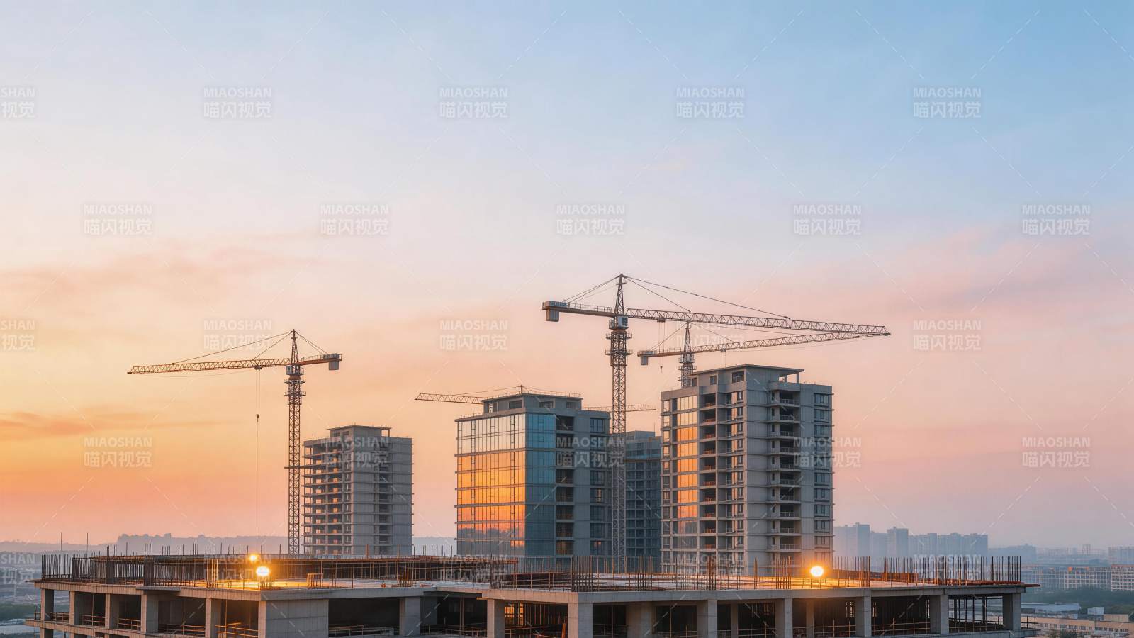 黄昏时分在建高层建筑与塔吊群景图片