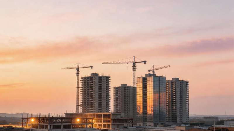 夕阳下在建高楼与塔吊群剪影图片