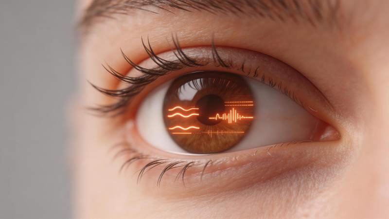 人眼虹膜中显示橙色波形数据图案图片