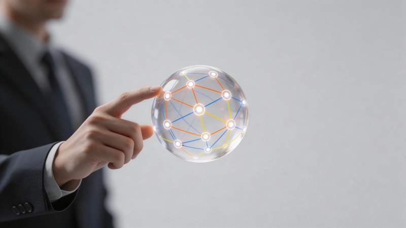 商务人士手指触碰发光网络球体模型图片