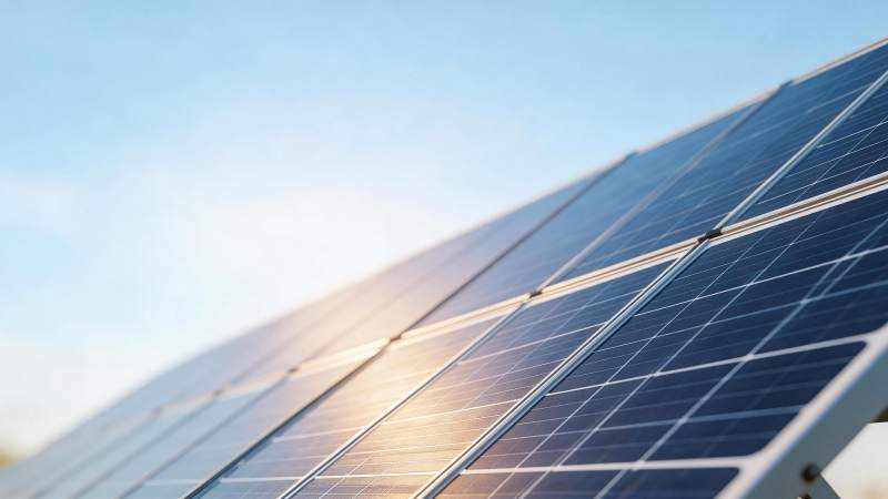 阳光照射下的太阳能电池板阵列特写图片