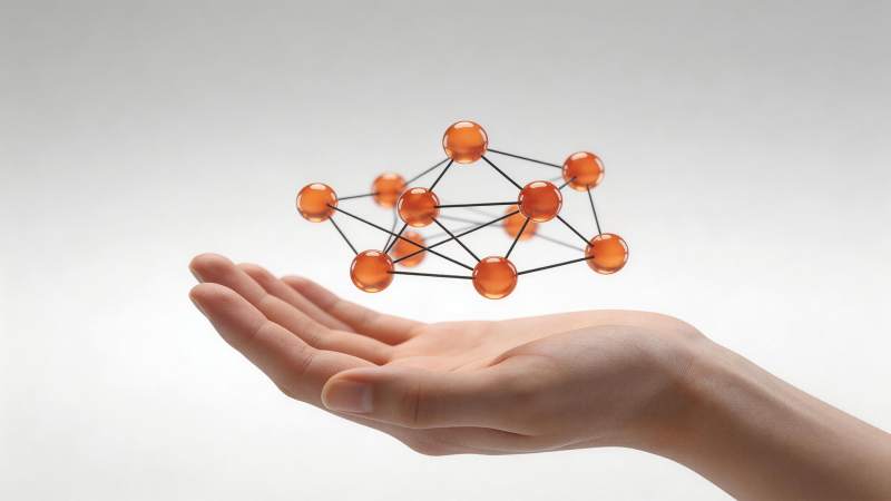手掌托举橙色球体连接构成的分子结构模型图片