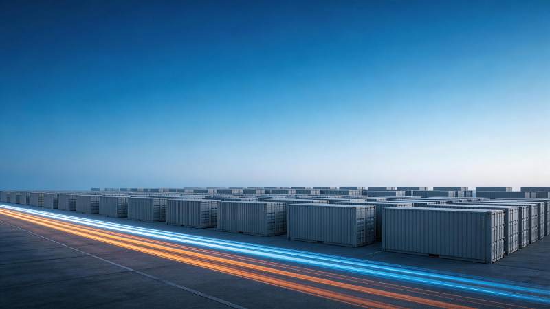 集装箱堆场夜景与车灯轨迹长曝光画面图片