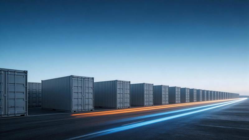 集装箱排列在道路旁光轨穿行夜景图片