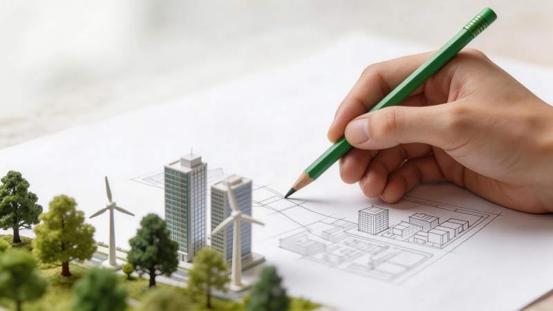 手绘城市规划图与微缩模型实景结合展示图片