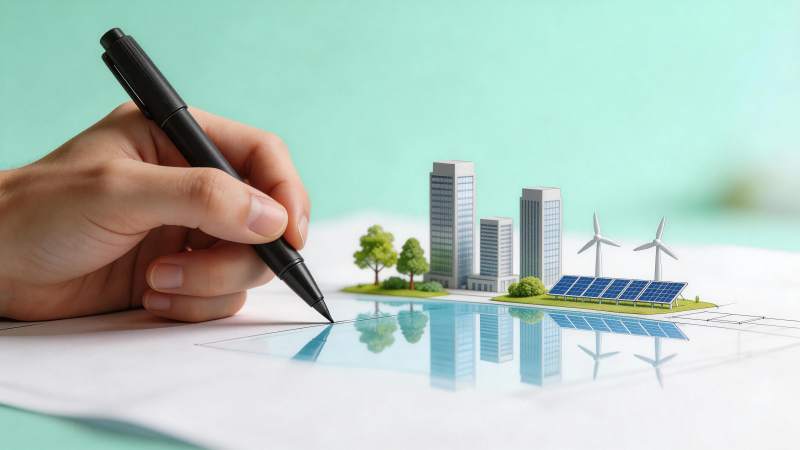 手绘绿色城市规划模型展示可持续发展构想图片