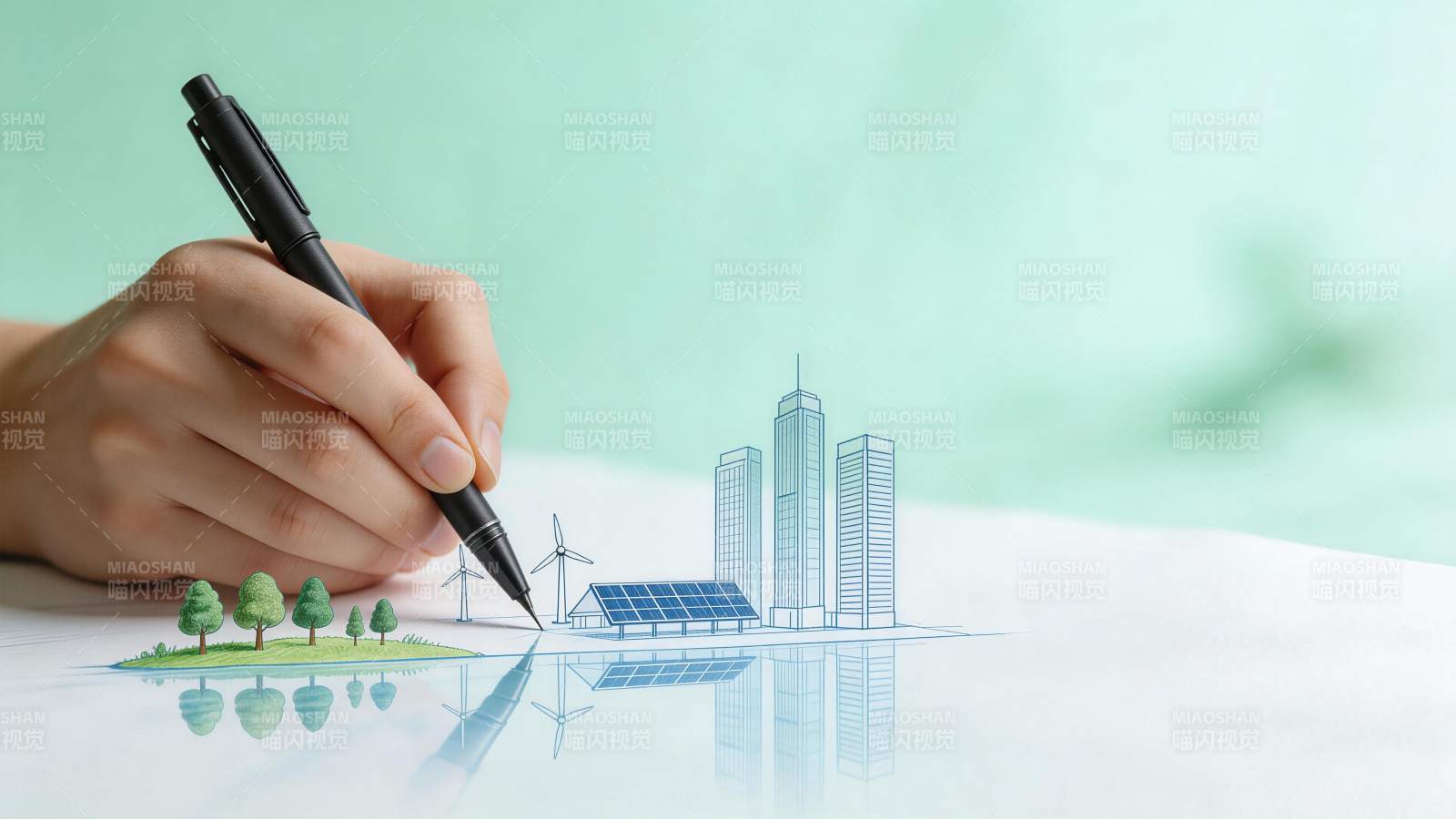 手绘绿色城市规划图展现生态与建筑融合图片