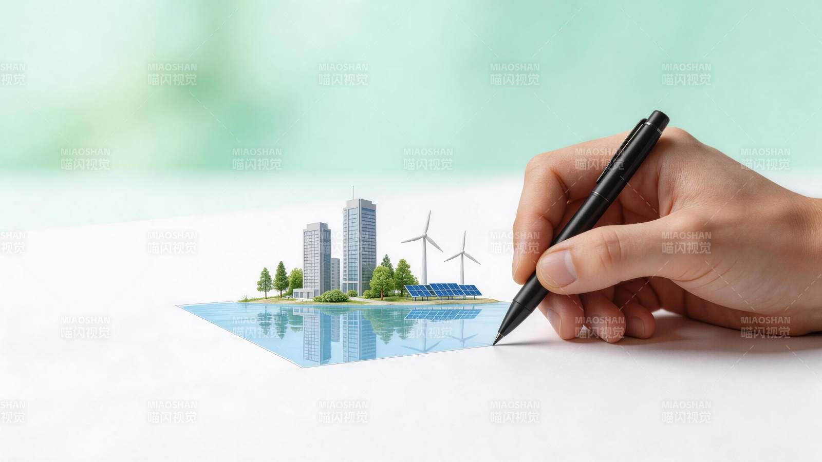 手绘绿色城市模型展现可持续发展理念图片